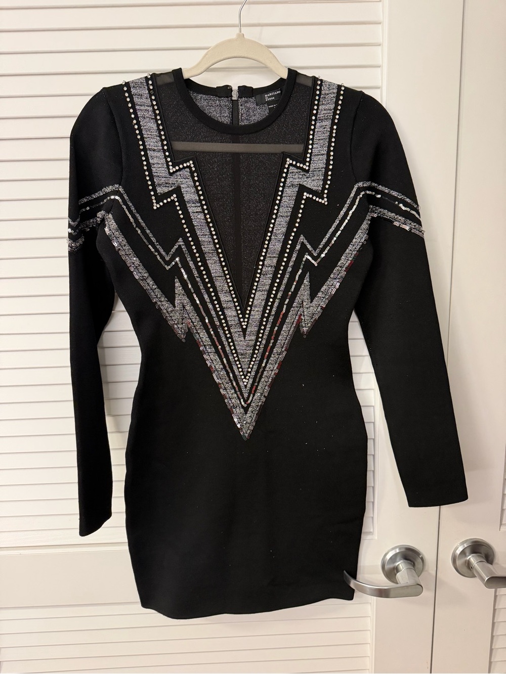 Guess by Marciano Black Long Sleeve Embellished V-Detail Dress
